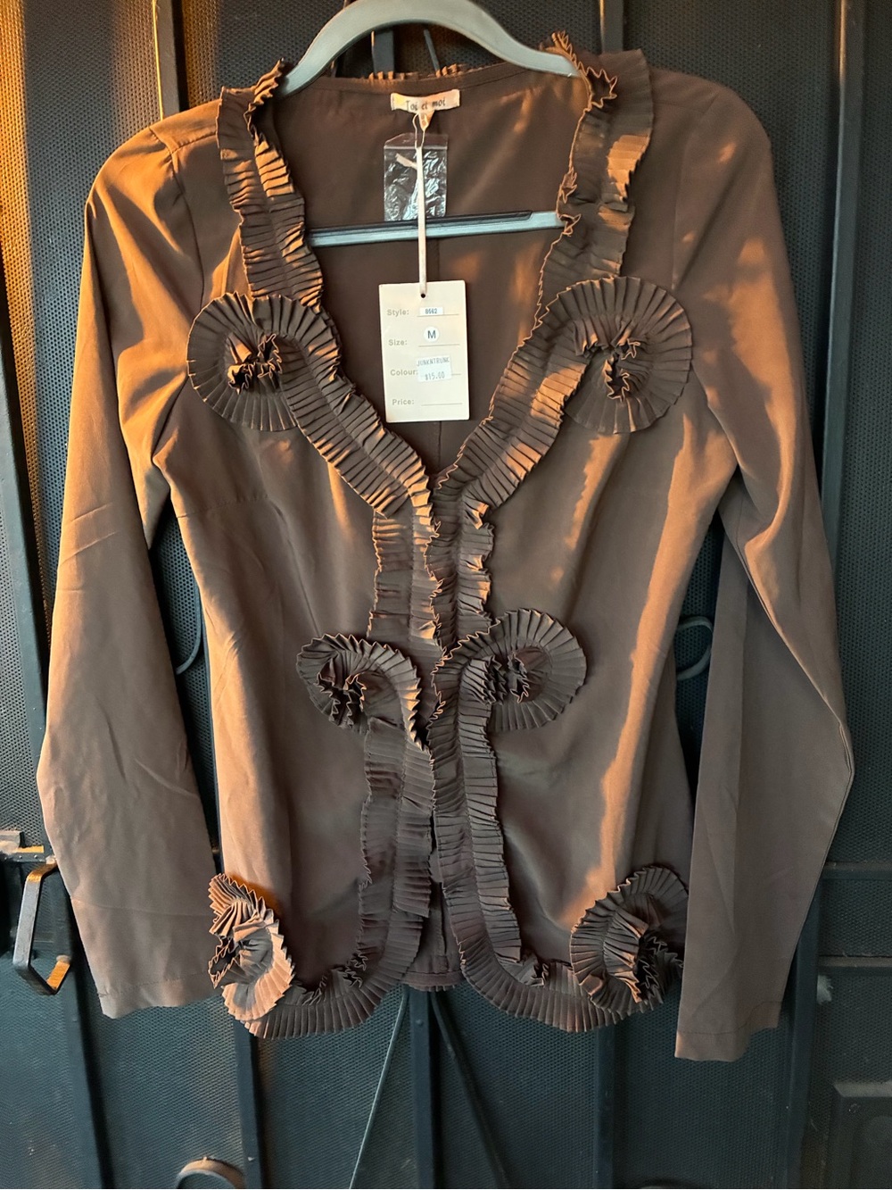 Brown Long-Sleeve Ruffle Trim Women's Top